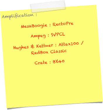 Amplification :
MesaBoogie : RectoPre
Ampeg : SVPCL
Hughes & Kettner : Attax100 / RedBox Classic
Crate : BX40
